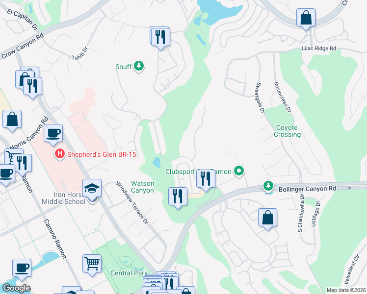 map of restaurants, bars, coffee shops, grocery stores, and more near 735 Watson Canyon Court in San Ramon
