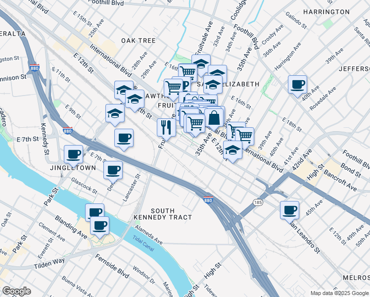 map of restaurants, bars, coffee shops, grocery stores, and more near 3338 San Leandro Street in Oakland