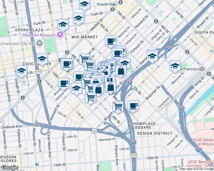 map of restaurants, bars, coffee shops, grocery stores, and more near 1210 Harrison Street in San Francisco