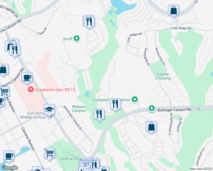 map of restaurants, bars, coffee shops, grocery stores, and more near 765 Watson Canyon Court in San Ramon