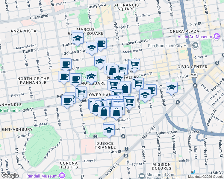 map of restaurants, bars, coffee shops, grocery stores, and more near 561 Fillmore Street in San Francisco