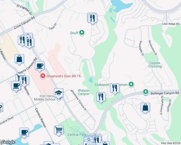 map of restaurants, bars, coffee shops, grocery stores, and more near 2015 Canyon Lakes Drive in San Ramon