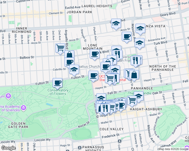 map of restaurants, bars, coffee shops, grocery stores, and more near 2265 Fulton Street in San Francisco