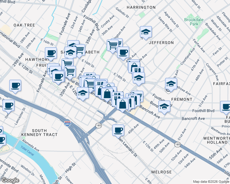 map of restaurants, bars, coffee shops, grocery stores, and more near 4019 East 16th Street in Oakland
