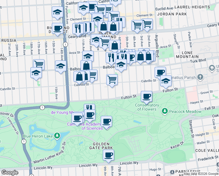 map of restaurants, bars, coffee shops, grocery stores, and more near 745 8th Avenue in San Francisco