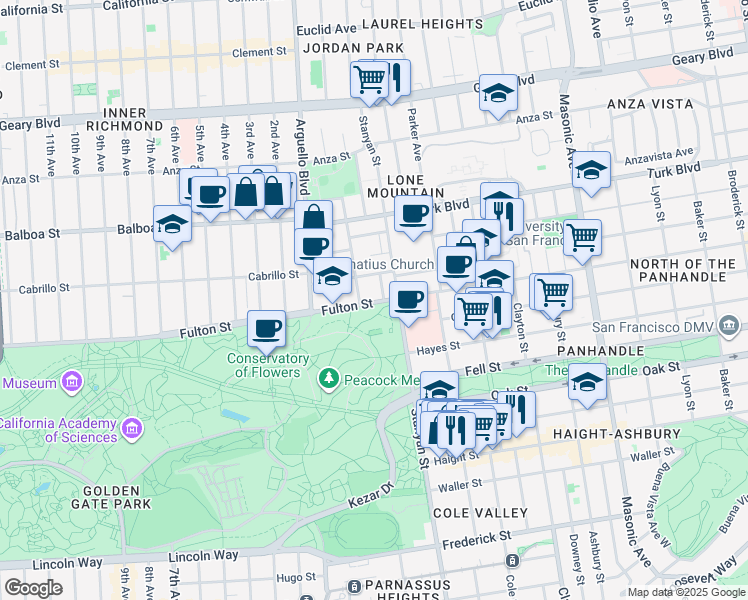 map of restaurants, bars, coffee shops, grocery stores, and more near 2366 Fulton Street in San Francisco