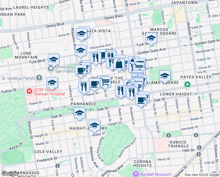 map of restaurants, bars, coffee shops, grocery stores, and more near 1542 Hayes Street in San Francisco