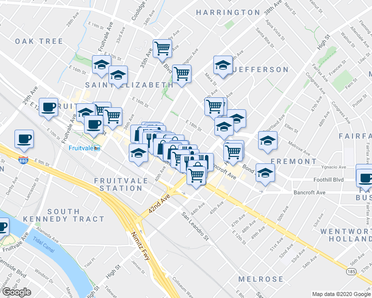 map of restaurants, bars, coffee shops, grocery stores, and more near 4019 East 16th Street in Oakland
