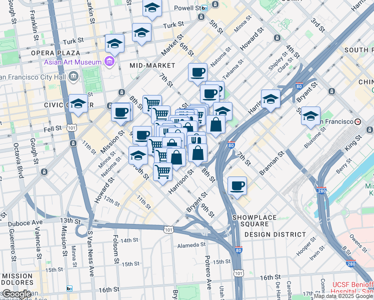 map of restaurants, bars, coffee shops, grocery stores, and more near 345 8th Street in San Francisco