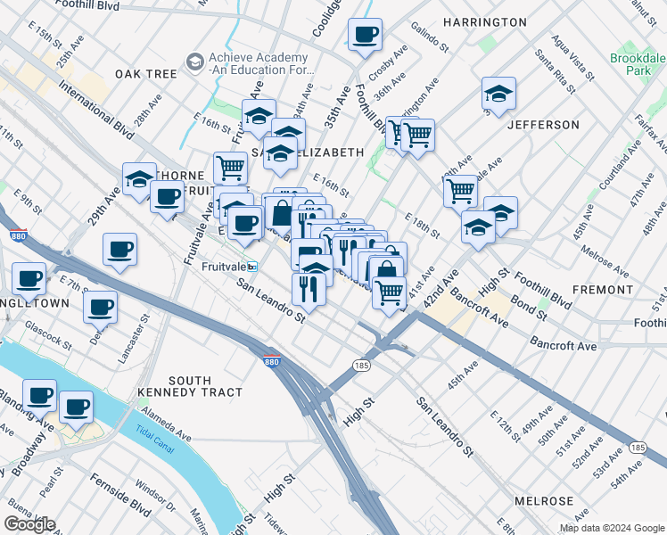 map of restaurants, bars, coffee shops, grocery stores, and more near 3751 International Boulevard in Oakland