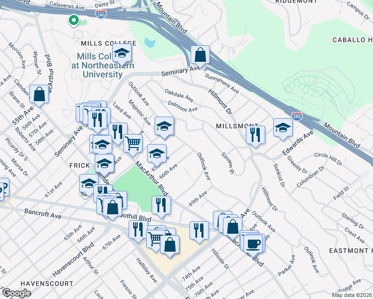 map of restaurants, bars, coffee shops, grocery stores, and more near 3592 66th Avenue in Oakland