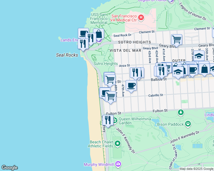 map of restaurants, bars, coffee shops, grocery stores, and more near 730 A Great Highway in San Francisco