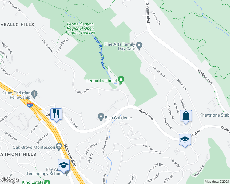 map of restaurants, bars, coffee shops, grocery stores, and more near 13895 Campus Drive in Oakland