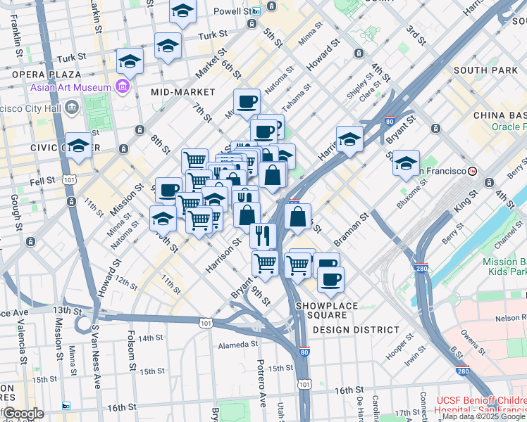 map of restaurants, bars, coffee shops, grocery stores, and more near 1140 Harrison Street in San Francisco