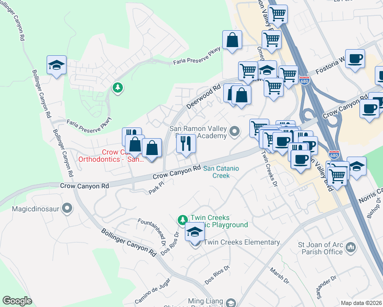 map of restaurants, bars, coffee shops, grocery stores, and more near 448 Constantine Court in San Ramon