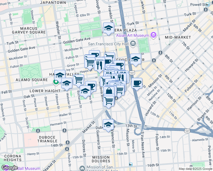 map of restaurants, bars, coffee shops, grocery stores, and more near 235 Oak Street in San Francisco