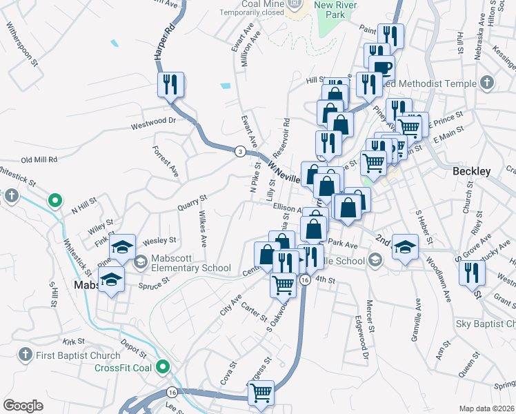 map of restaurants, bars, coffee shops, grocery stores, and more near 212.5 Ellison Avenue in Beckley