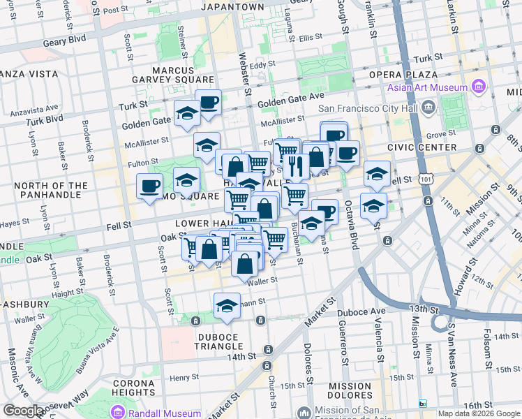 map of restaurants, bars, coffee shops, grocery stores, and more near 638 Oak Street in San Francisco