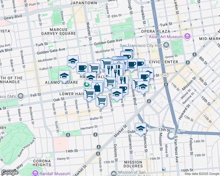 map of restaurants, bars, coffee shops, grocery stores, and more near 520 Buchanan Street in San Francisco