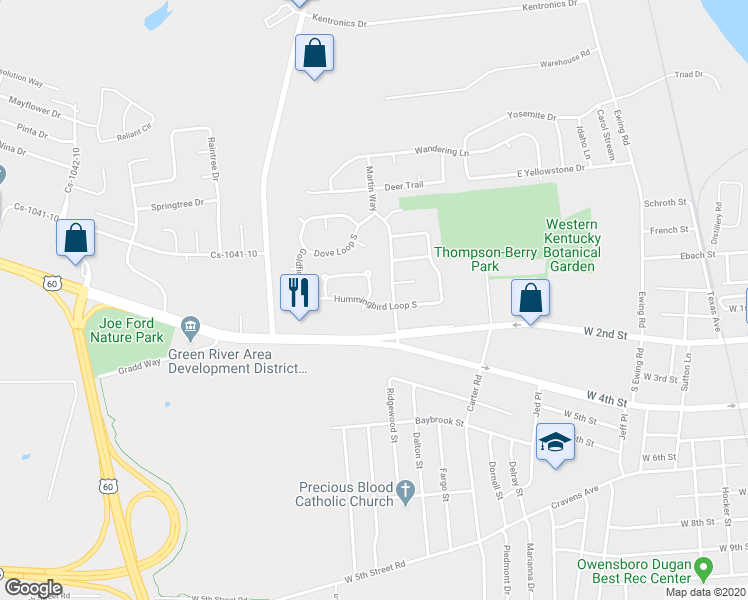 map of restaurants, bars, coffee shops, grocery stores, and more near 3415 Hummingbird Loop South in Owensboro