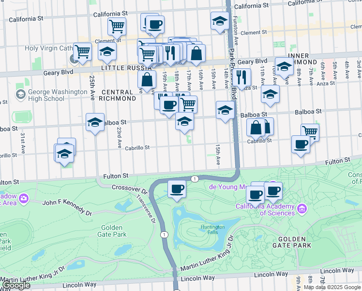 map of restaurants, bars, coffee shops, grocery stores, and more near Cabrillo St & 18th Ave in San Francisco