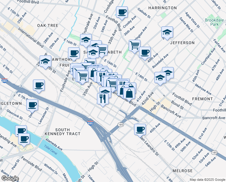 map of restaurants, bars, coffee shops, grocery stores, and more near International Blvd & 38th Ave in Oakland