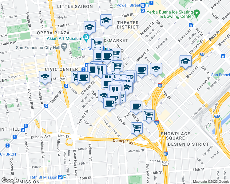 map of restaurants, bars, coffee shops, grocery stores, and more near 779 Tehama Street in San Francisco