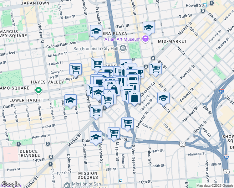 map of restaurants, bars, coffee shops, grocery stores, and more near 1554 Market Street in San Francisco