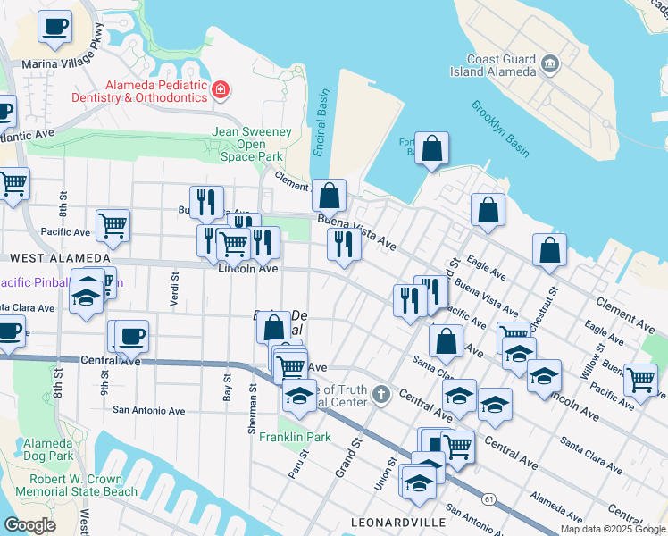 map of restaurants, bars, coffee shops, grocery stores, and more near 1523 Lincoln Avenue in Alameda