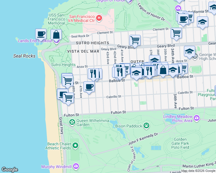 map of restaurants, bars, coffee shops, grocery stores, and more near 748 43rd Avenue in San Francisco