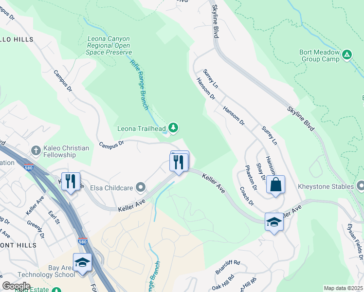 map of restaurants, bars, coffee shops, grocery stores, and more near 740 Canyon Oaks Drive in Oakland