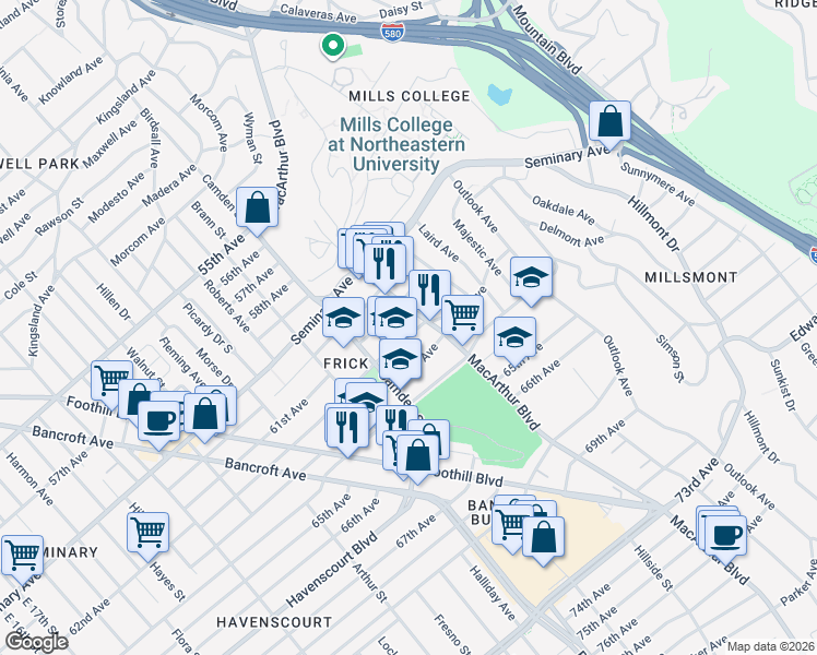 map of restaurants, bars, coffee shops, grocery stores, and more near 3207 62nd Avenue in Oakland