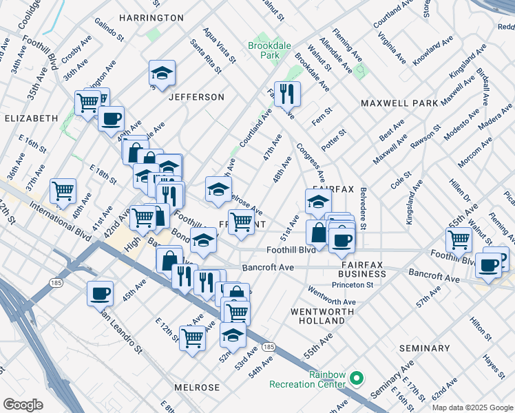 map of restaurants, bars, coffee shops, grocery stores, and more near 2033 48th Avenue in Oakland