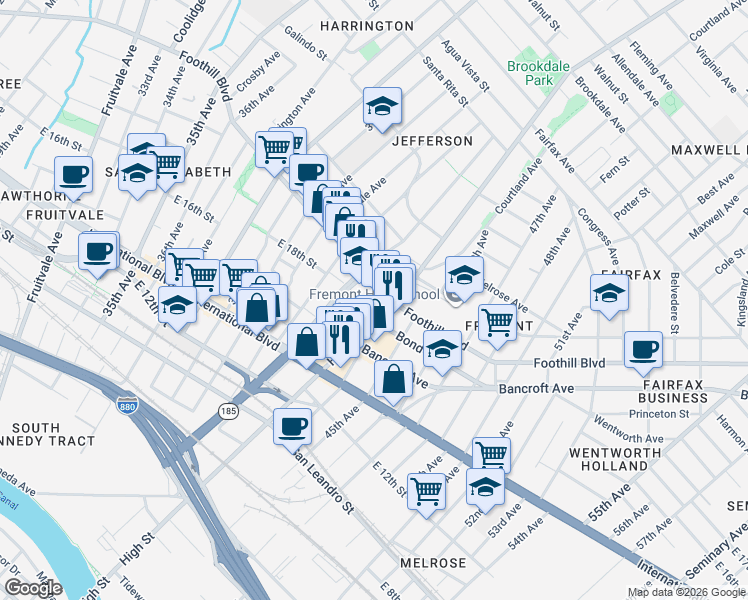 map of restaurants, bars, coffee shops, grocery stores, and more near 1723 High Street in Oakland