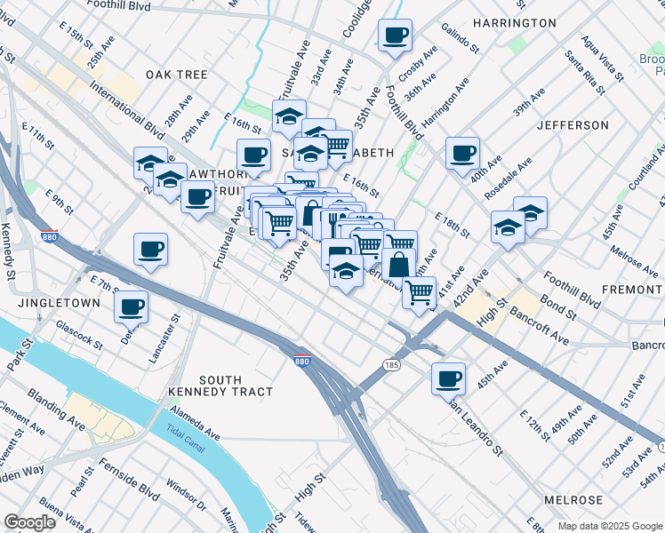 map of restaurants, bars, coffee shops, grocery stores, and more near 1213 37th Avenue in Oakland