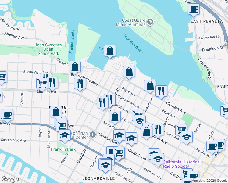 map of restaurants, bars, coffee shops, grocery stores, and more near 1721 Grand Street in Alameda