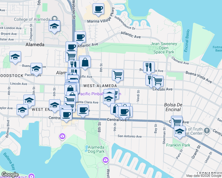 map of restaurants, bars, coffee shops, grocery stores, and more near 833 Haight Avenue in Alameda