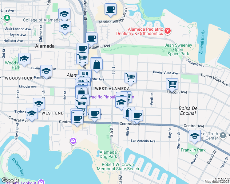 map of restaurants, bars, coffee shops, grocery stores, and more near 1524 8th Street in Alameda