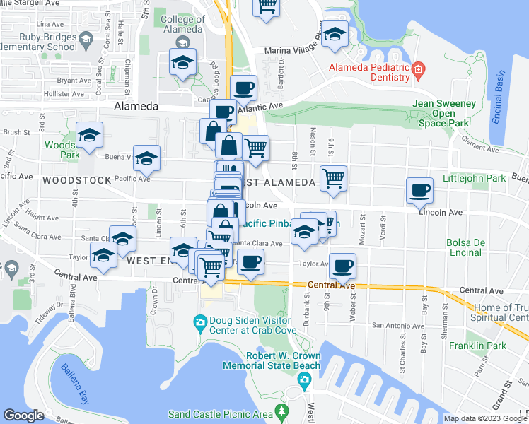 map of restaurants, bars, coffee shops, grocery stores, and more near 759 Haight Avenue in Alameda