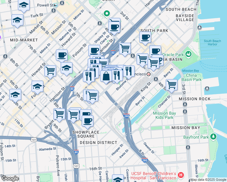 map of restaurants, bars, coffee shops, grocery stores, and more near 178 Bluxome Street in San Francisco