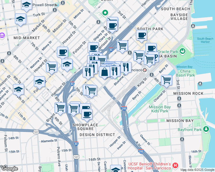 map of restaurants, bars, coffee shops, grocery stores, and more near 178 Bluxome Street in San Francisco