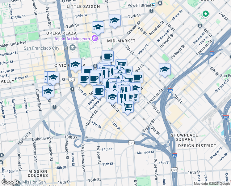 map of restaurants, bars, coffee shops, grocery stores, and more near 204 9th Street in San Francisco