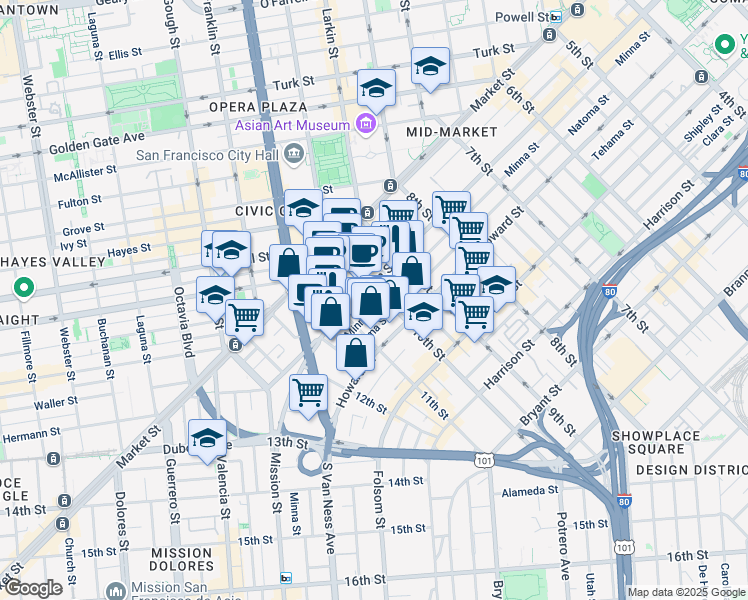 map of restaurants, bars, coffee shops, grocery stores, and more near 1453 Mission Street in San Francisco