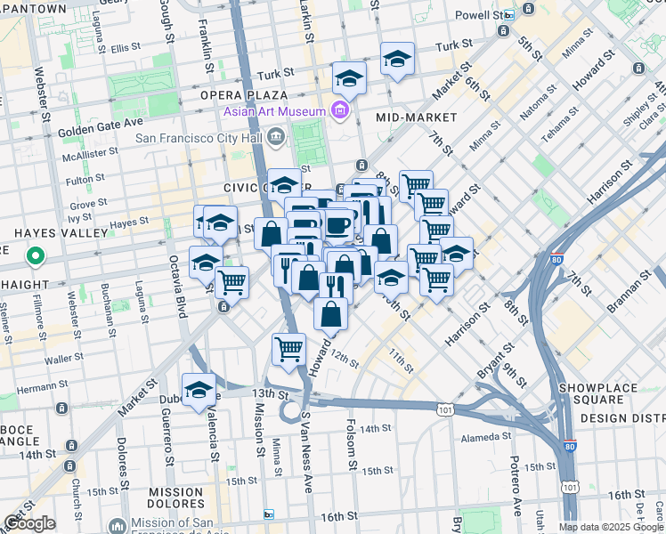 map of restaurants, bars, coffee shops, grocery stores, and more near 1453 Mission Street in San Francisco