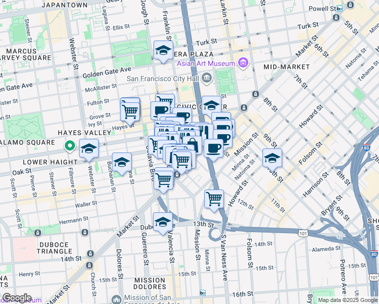 map of restaurants, bars, coffee shops, grocery stores, and more near in San Francisco