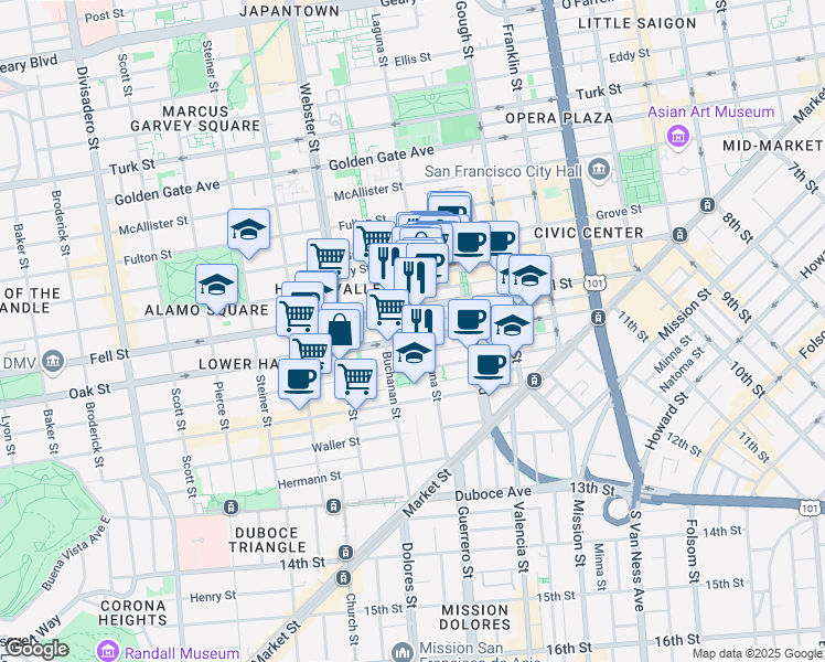 map of restaurants, bars, coffee shops, grocery stores, and more near in San Francisco