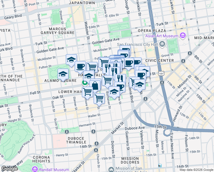 map of restaurants, bars, coffee shops, grocery stores, and more near in San Francisco