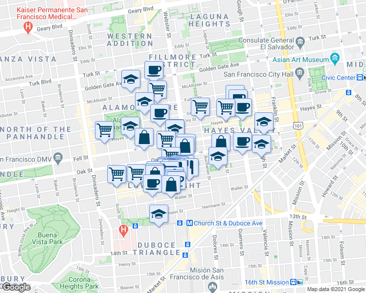 map of restaurants, bars, coffee shops, grocery stores, and more near 630-634 Oak Street in San Francisco