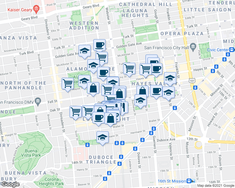 map of restaurants, bars, coffee shops, grocery stores, and more near 638 Oak Street in San Francisco