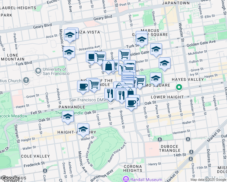 map of restaurants, bars, coffee shops, grocery stores, and more near 1469 Hayes Street in San Francisco